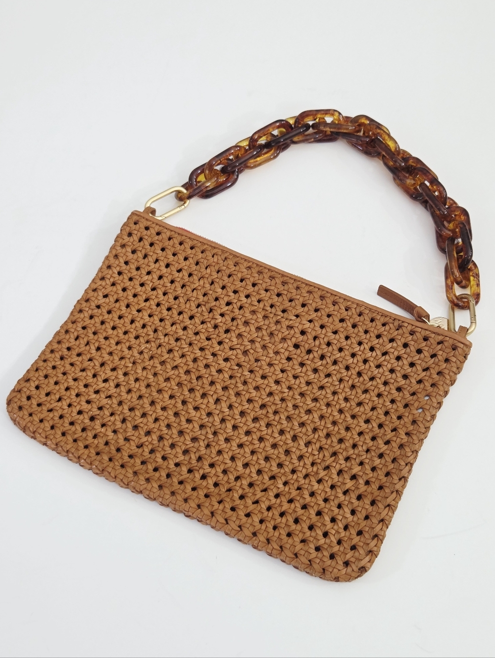 CLARE V FLAT CLUTCH BAG WITH TABS - TAN RATTAN LEATHER + TORTOISE RESIN SHORTIE - Picture 7 of 11